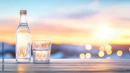 Refreshing Water Bottle and Glass Against a Stunning Sunset Background