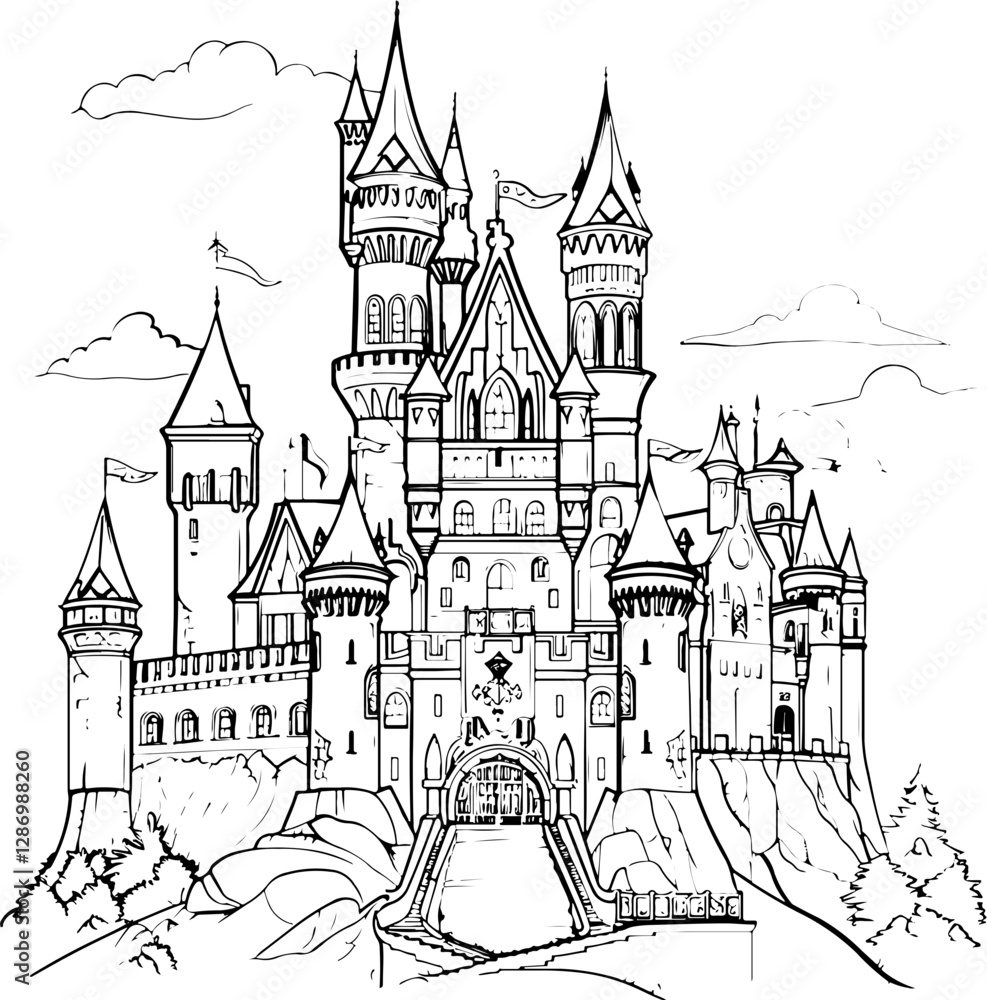 Fototapeta premium castle, palace, coloring page, vector, black