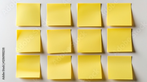 A grid of twelve yellow sticky notes arranged neatly on a white surface, ready for notes, reminders, or brainstorming ideas.