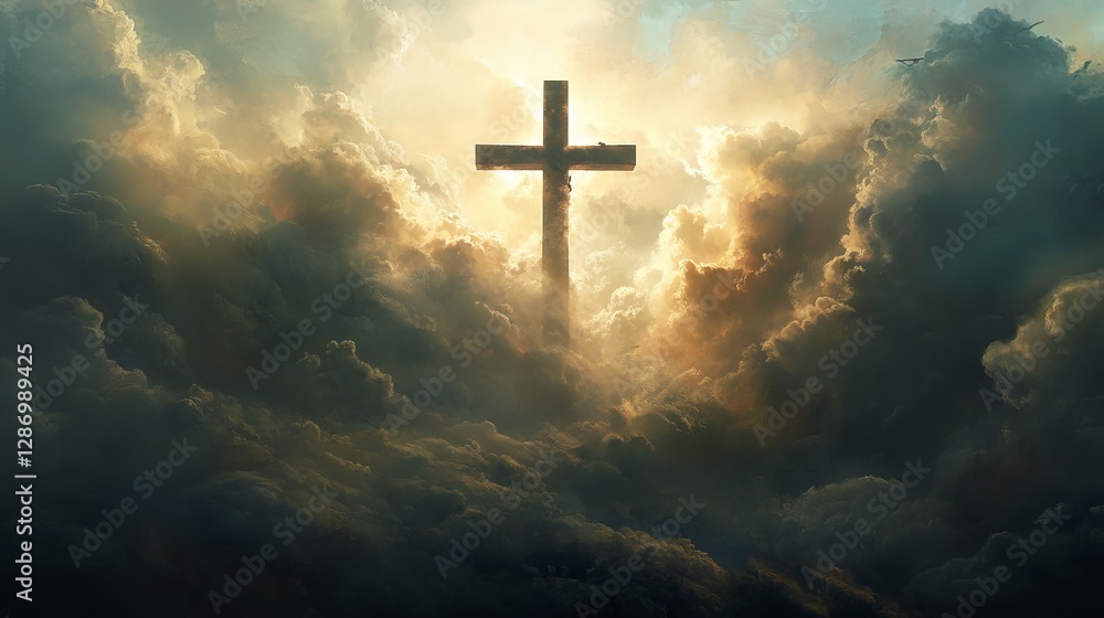 Celestial Cross: Divine Light Descends, Illuminating Hope and Faith. A radiant, ethereal cross descends from a vibrant, heavenly sky, symbolizing Celestial Cross: Divine Light Descends, Illuminating Hope and Faith. A radiant, ethereal cross descends from a vibrant, heavenly sky, symbolizing
