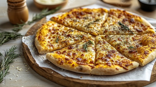 Wallpaper Mural Sliced cheesy pizza with rosemary on wooden board, parmesan in background Torontodigital.ca