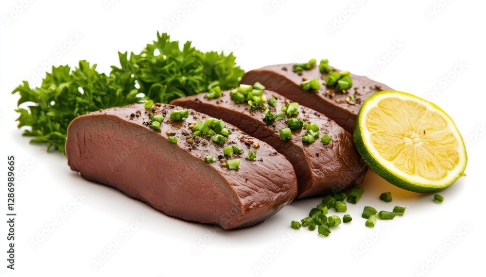 Delicious Sliced Steak with Fresh Herbs and Lemon Ready to Eat Delicious Sliced Steak with Fresh Herbs and Lemon Ready to Eat