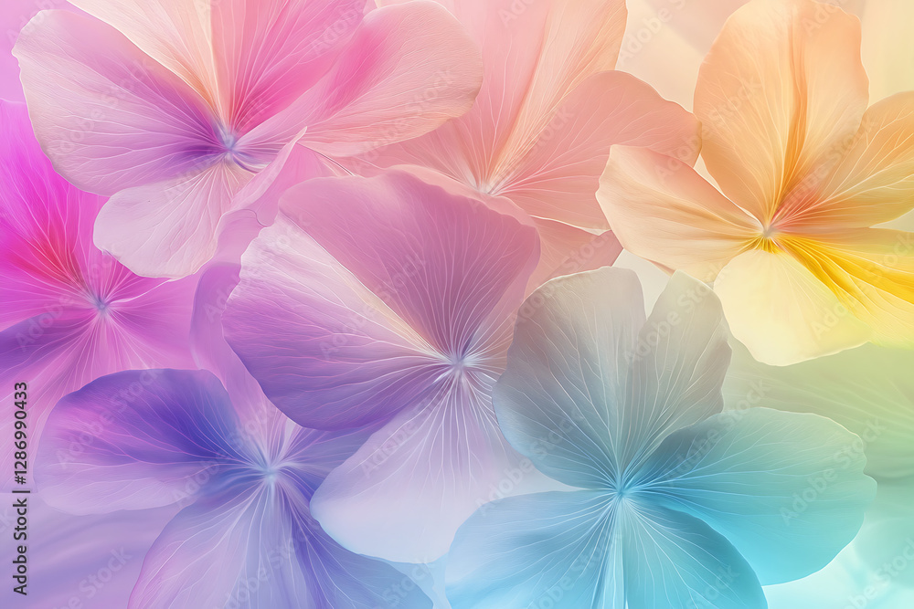 Fototapeta premium Vibrant abstract floral pattern, Translucent colorful petals, Soft gradient background, Dreamy watercolor effect, Overlapping flower shapes, Rainbow hues, Delicate leaf textures, Ethereal botanical il