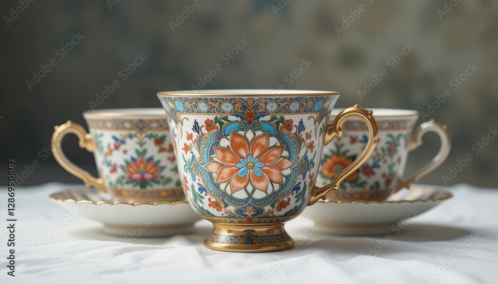 Fototapeta premium Elegant Tea Cups with Intricate Floral Designs on White Fabric
