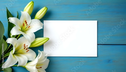 Lirios blancos y una tarjeta blanca en blanco sobre una mesa de madera azul, las flores están en el lado izquierdo de la tarjeta