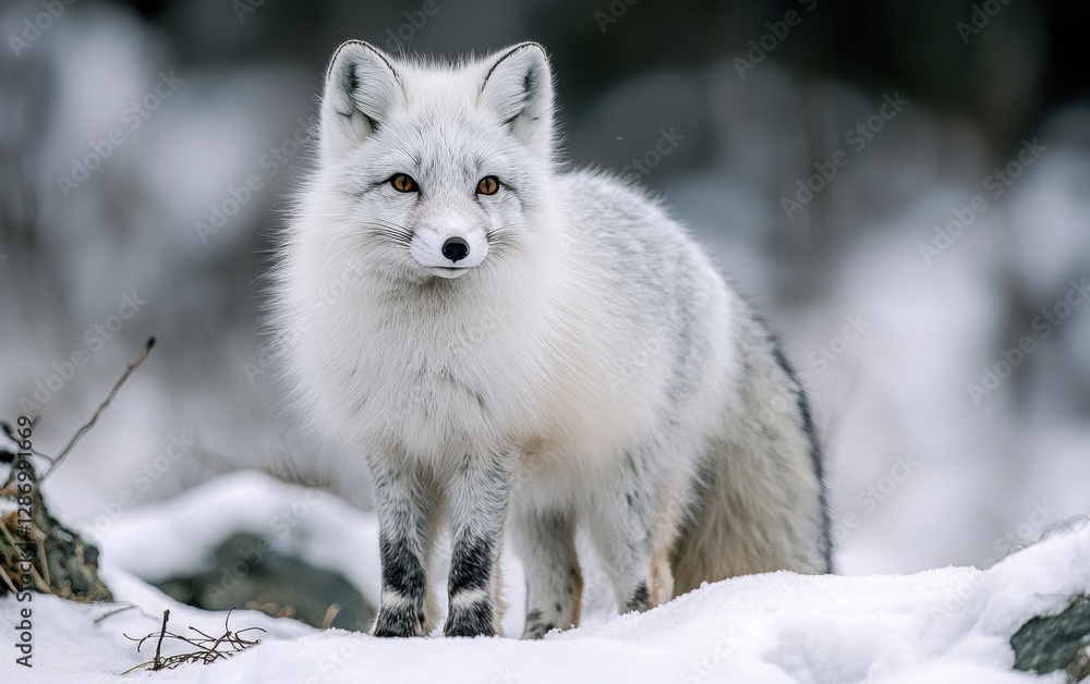 Professional stock photo of a Fluffy Arctic fox with a thick winter coat standing on snowy ground Professional stock photo of a Fluffy Arctic fox with a thick winter coat standing on snowy ground