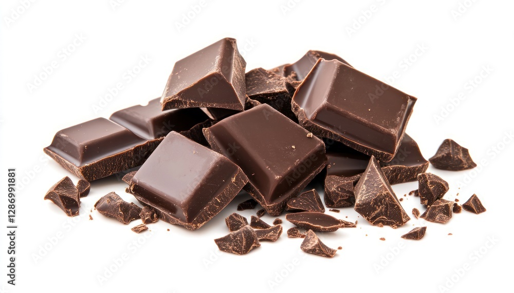 Delicious Dark Chocolate Chunks Piled High on White Background Ready to Eat Delicious Dark Chocolate Chunks Piled High on White Background Ready to Eat