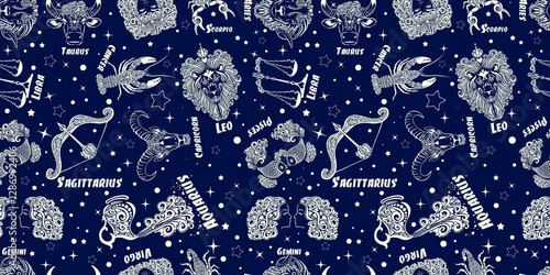 Constellations zodiac signs and stars seamless vector pattern background. Not AI,