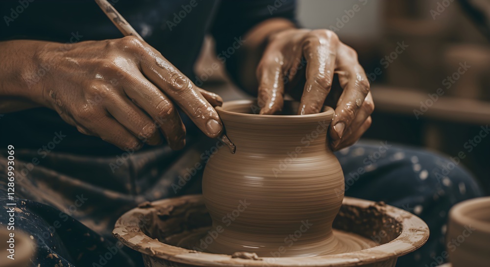 African american artisan hands creating clay pot on pottery wheel. Traditional ceramic crafting process. Handmade earthenware making in workshop. Artistic pottery craft African american artisan hands creating clay pot on pottery wheel. Traditional ceramic crafting process. Handmade earthenware making in workshop. Artistic pottery craft