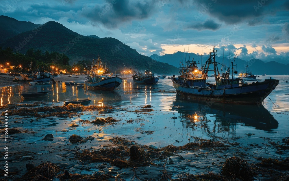 Naklejka premium Professional stock photo of a Overfished ocean area with fishing boats and depleted marine life