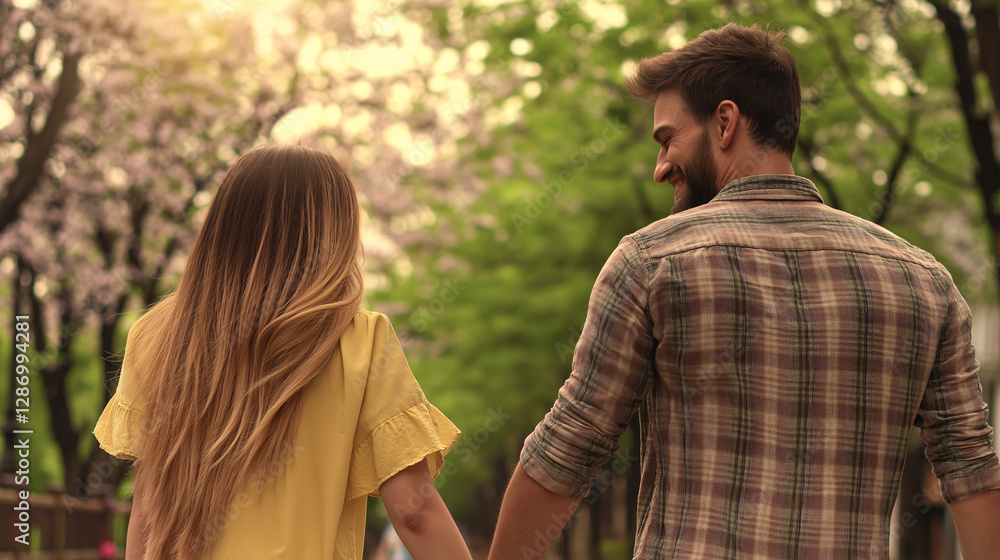 Fototapeta premium A couple walks hand in hand along a picturesque path adorned with vibrant blossoms, basking in the gentle warmth of sunlight on a beautiful spring day