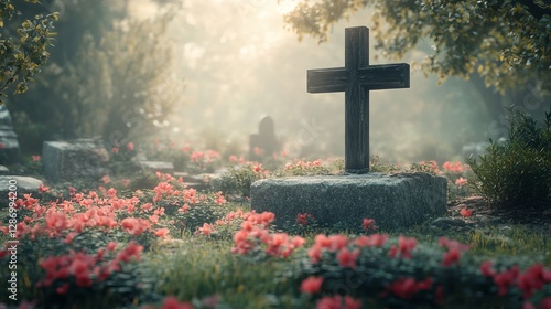 Serene Stone Grave: A weathered wooden cross stands solemnly atop a stone grave, bathed in soft, natural light. A poignant symbol of remembrance and  