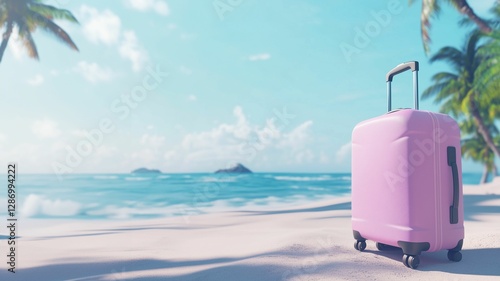 Fototapeta Naklejka Na Ścianę i Meble -  Suitcase rests on sandy beach with palm trees and turquoise sea under a bright sky