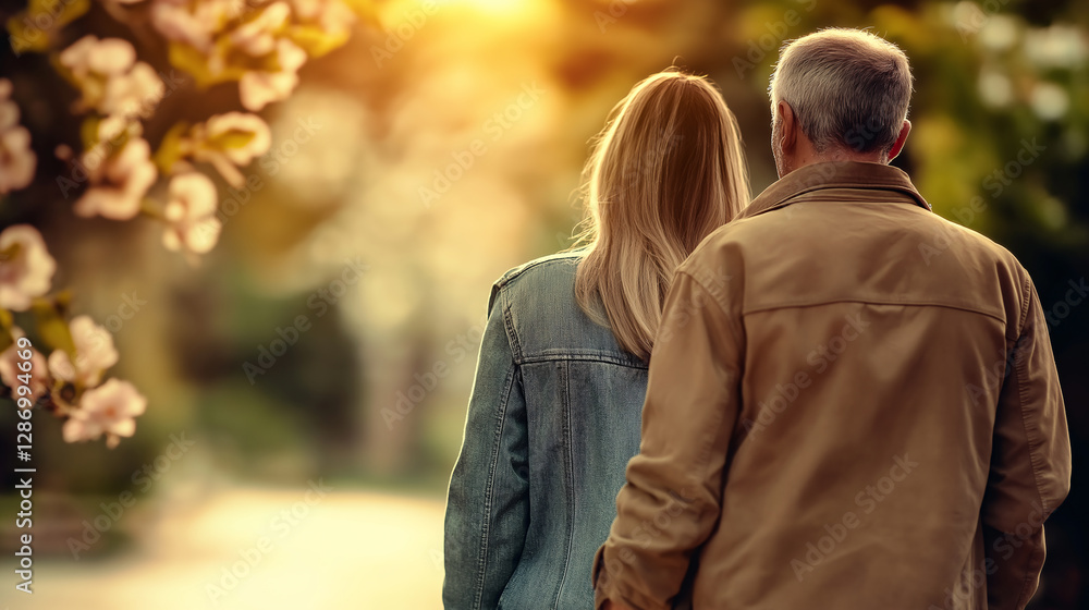 Fototapeta premium A loving couple walks hand in hand under blooming spring trees, enjoying the serene beauty of nature as sunlight filters through the branches, creating a warm and magical atmosphere
