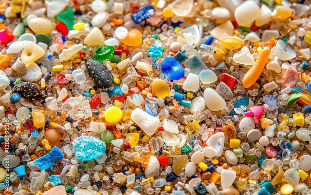 Professional stock photo of a Close-up of microplastics collected from the beach sand Professional stock photo of a Close-up of microplastics collected from the beach sand