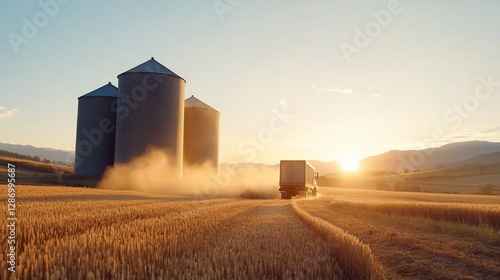 Sunset harvest truck delivering grain to silos