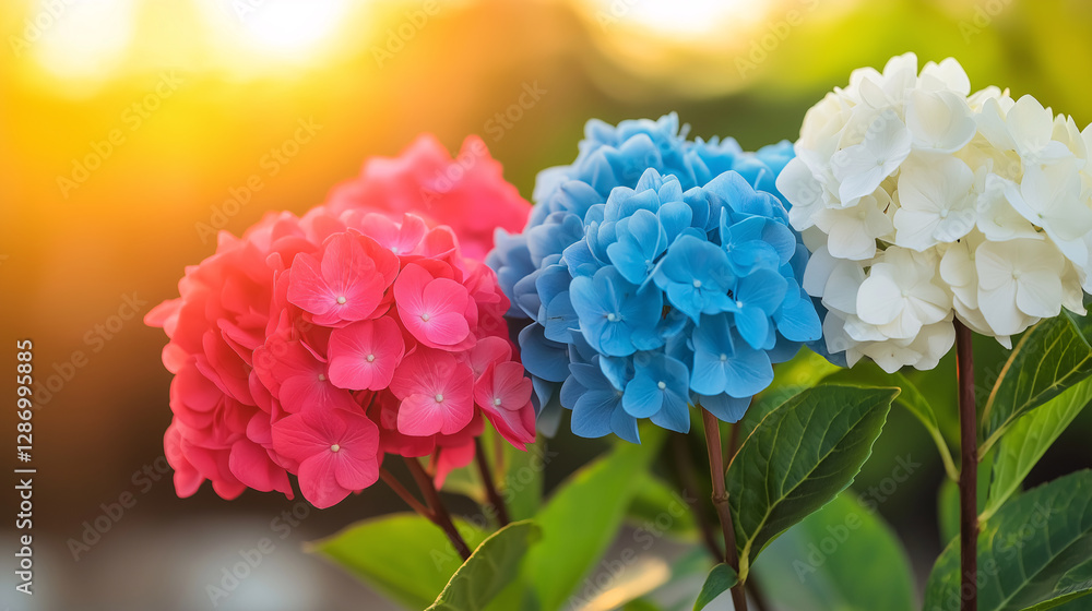 A close-up view reveals vibrant hydrangea blooms in shades of pink, blue, and white, enriched by the soft warm light of sunset. Nature's beauty captivates with delightful colors and soft textures A close-up view reveals vibrant hydrangea blooms in shades of pink, blue, and white, enriched by the soft warm light of sunset. Nature's beauty captivates with delightful colors and soft textures