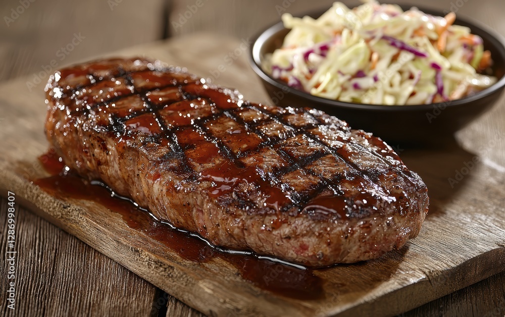 Ribeye steak with barbecue sauce splashes and coleslaw on a rustic wood background Ribeye steak with barbecue sauce splashes and coleslaw on a rustic wood background