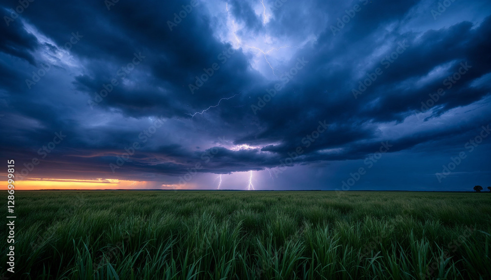 A field of grass under a stormy sky with lightning, dark clouds and stars, the horizon is visible in the background