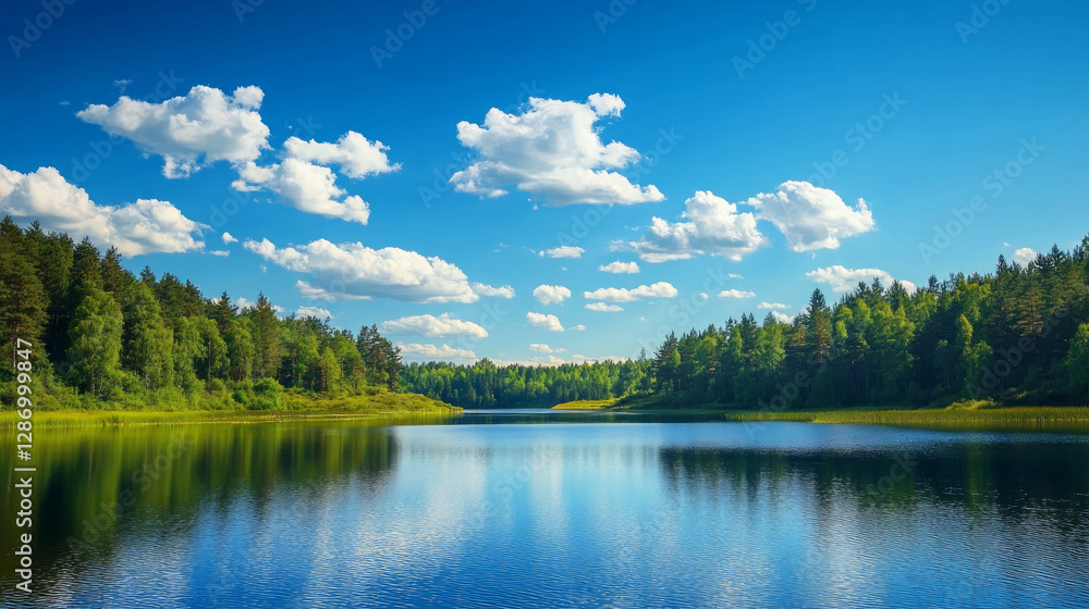 Fototapeta premium Beautiful lake and trees with cloudy sky