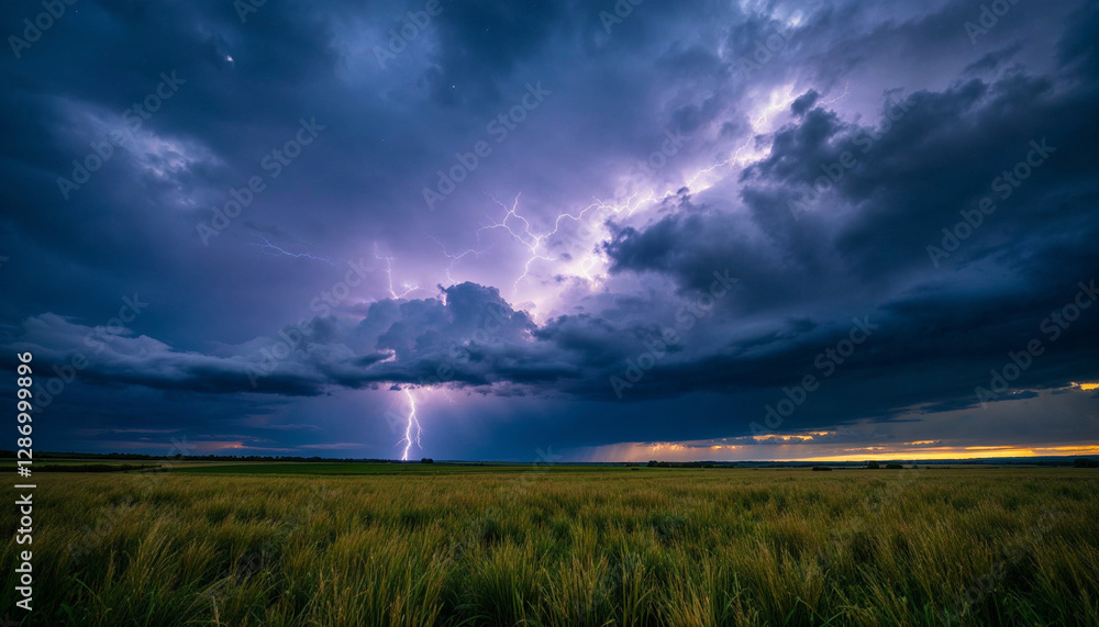 A field of grass under a stormy sky with lightning, dark clouds and stars, the horizon is visible in the background A field of grass under a stormy sky with lightning, dark clouds and stars, the horizon is visible in the background