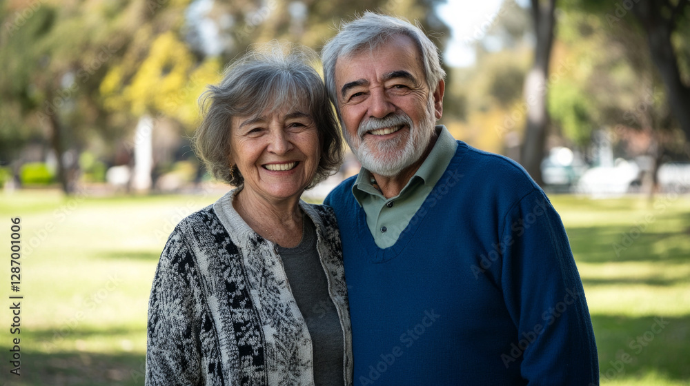 Happy hispanic senior couple smiling together in a public park Happy hispanic senior couple smiling together in a public park