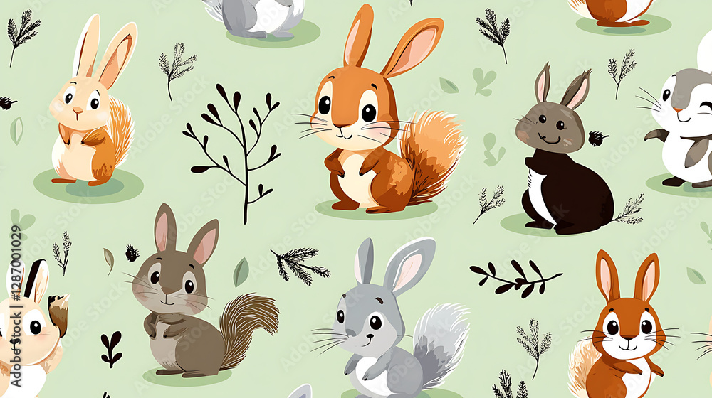 A group of cartoon rabbits and squirrels are sitting in a field. generated using AI A group of cartoon rabbits and squirrels are sitting in a field. generated using AI