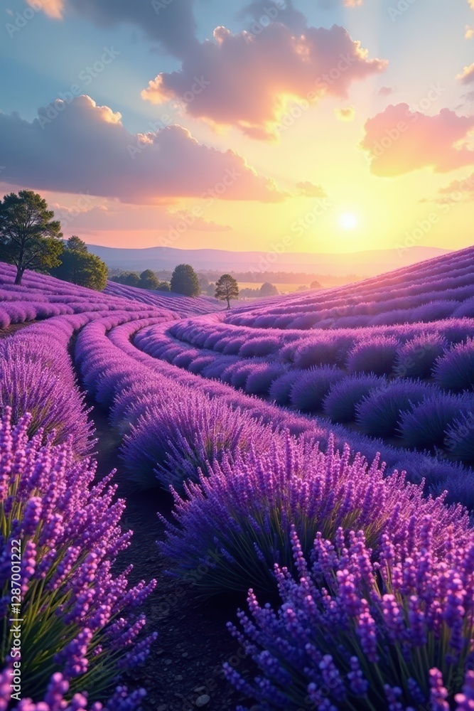 Obraz premium Rolling hills of purple lavender under a bright sun, fragrance, relaxing