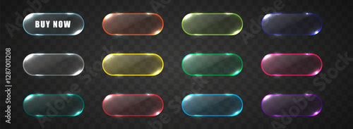 Transparent glass buttons color set. Web banners rectangle clear glossy icon. Crystal bars isolated on dark background.