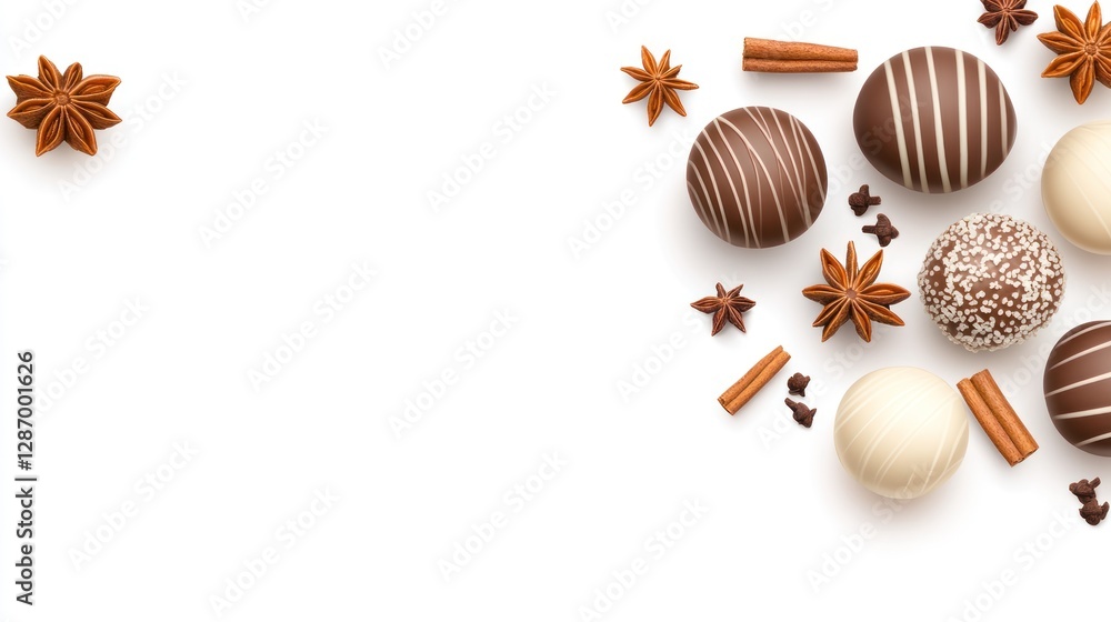 Chocolate Truffles with Anise and Cinnamon on Clean White Background Chocolate Truffles with Anise and Cinnamon on Clean White Background
