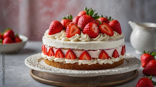 Strawberry cake with sponge cake, mousse and fresh strawberries on calm background. Summer dessert. 