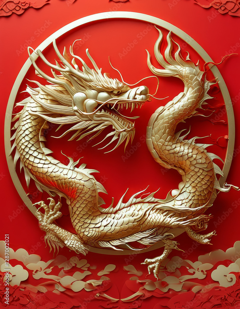 Fototapeta premium Dragonboat festival concept, Golden Dragon Symbolism, podium background, red backdrop, golden dragon’s intricate scales, symbolizing unity, strength, and prosperity, Duanwu, Chinese tradition