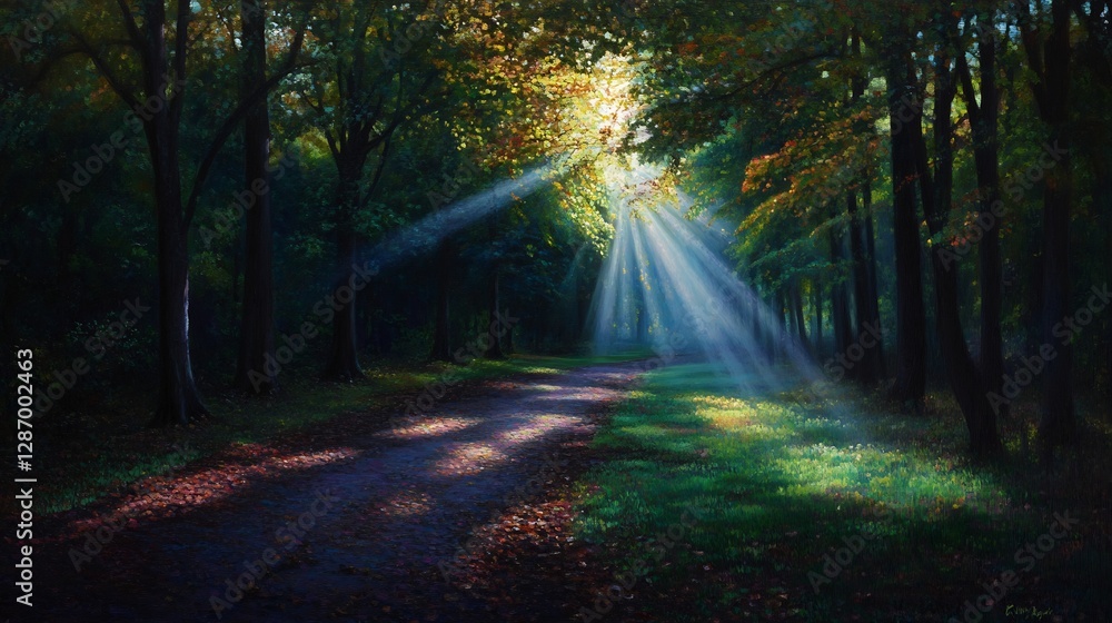 Obraz premium Sunlight streams through lush emerald forest canopy onto pathway with shadows