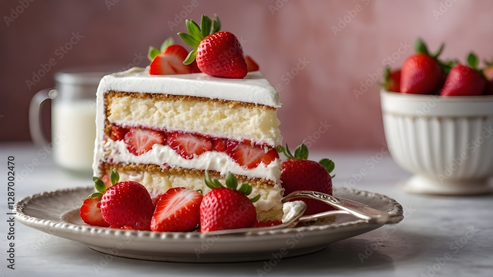 Strawberry cake with sponge cake, mousse and fresh strawberries on calm background. Summer dessert. Strawberry cake with sponge cake, mousse and fresh strawberries on calm background. Summer dessert.