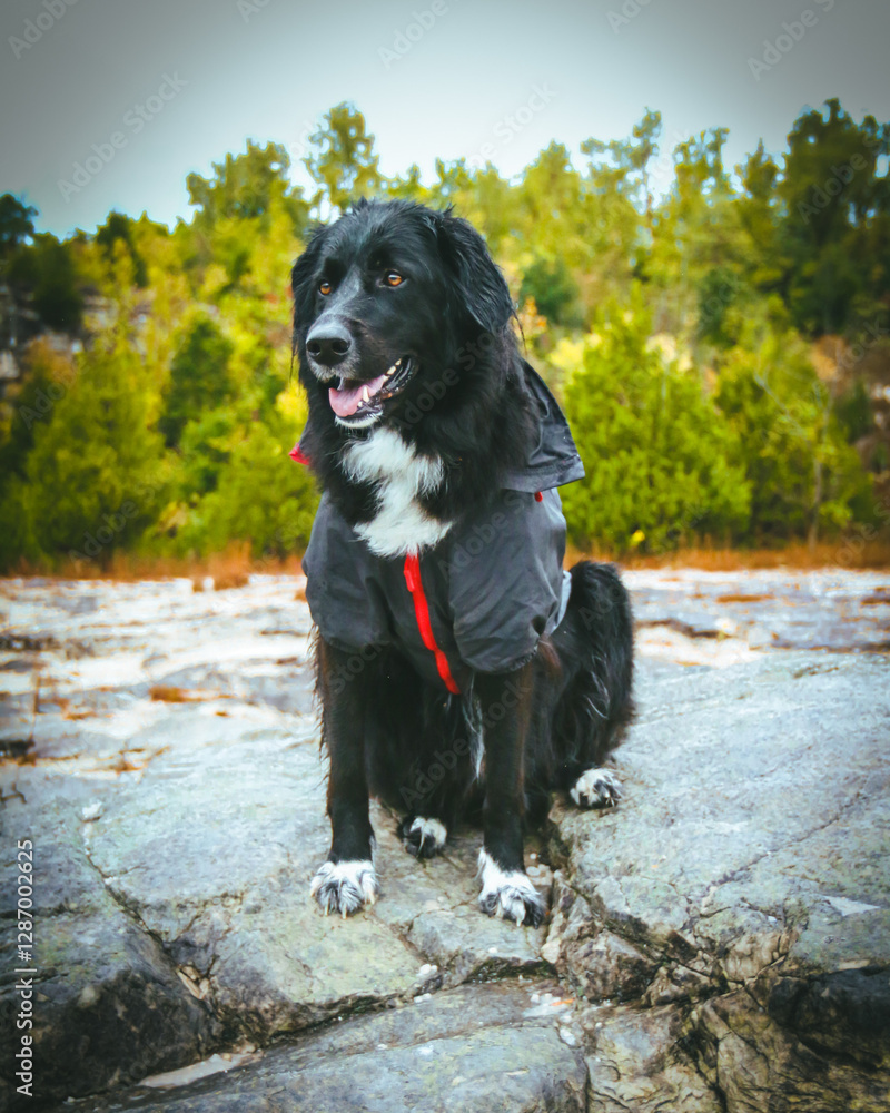 A large black dog stands proudly in front of a breathtaking natural backdrop, its sleek coat contrasting against the vibrant greenery. The expansive landscape of trees and open skies