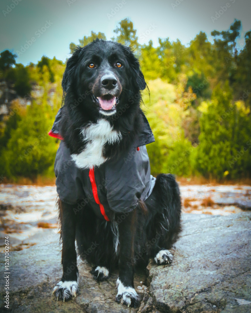 A large black dog stands proudly in front of a breathtaking natural backdrop, its sleek coat contrasting against the vibrant greenery. The expansive landscape of trees and open skies A large black dog stands proudly in front of a breathtaking natural backdrop, its sleek coat contrasting against the vibrant greenery. The expansive landscape of trees and open skies