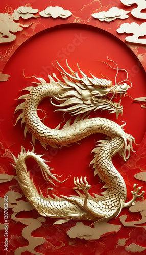 Wallpaper Mural Dragonboat festival concept, Golden Dragon Symbolism, podium background, red backdrop, golden dragon’s intricate scales, symbolizing unity, strength, and prosperity, Duanwu, Chinese tradition Torontodigital.ca