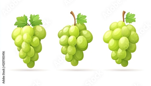 Three Bunches of Green Grapes with Leaves on a White Background