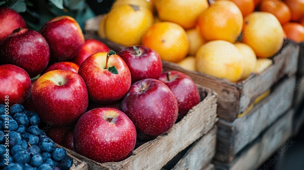 Fresh harvest still life of apples, oranges and blueberries in wooden crates with a rustic charm. Fresh harvest still life of apples, oranges and blueberries in wooden crates with a rustic charm.