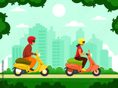 Man and woman on scooters. A man in a helmet rides a scooter. A woman in a helmet rides a scooter. City park against the backdrop of skyscrapers. Outdoor leisure. Town landscape. Vector graphics