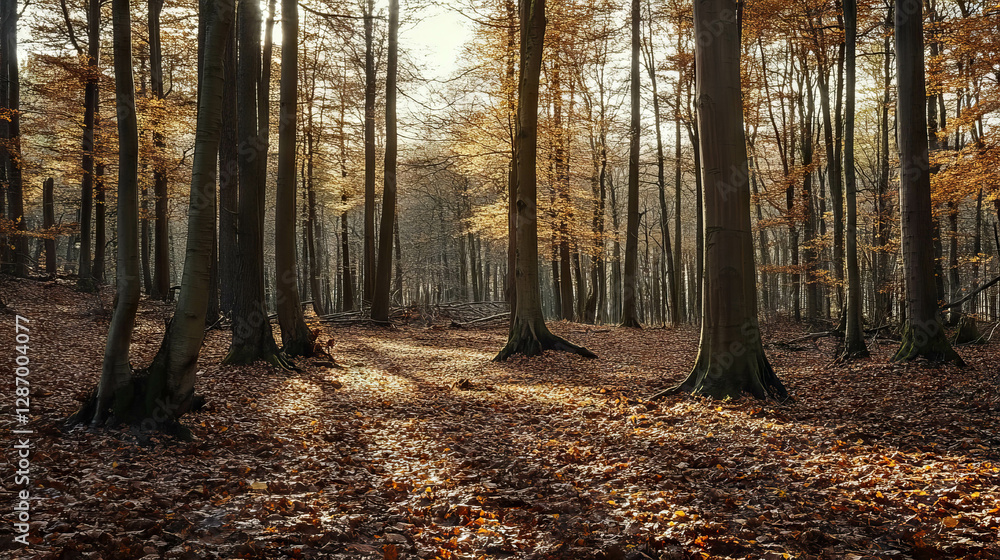 Tranquil autumn beech forest with varied light and loose grain texture Tranquil autumn beech forest with varied light and loose grain texture