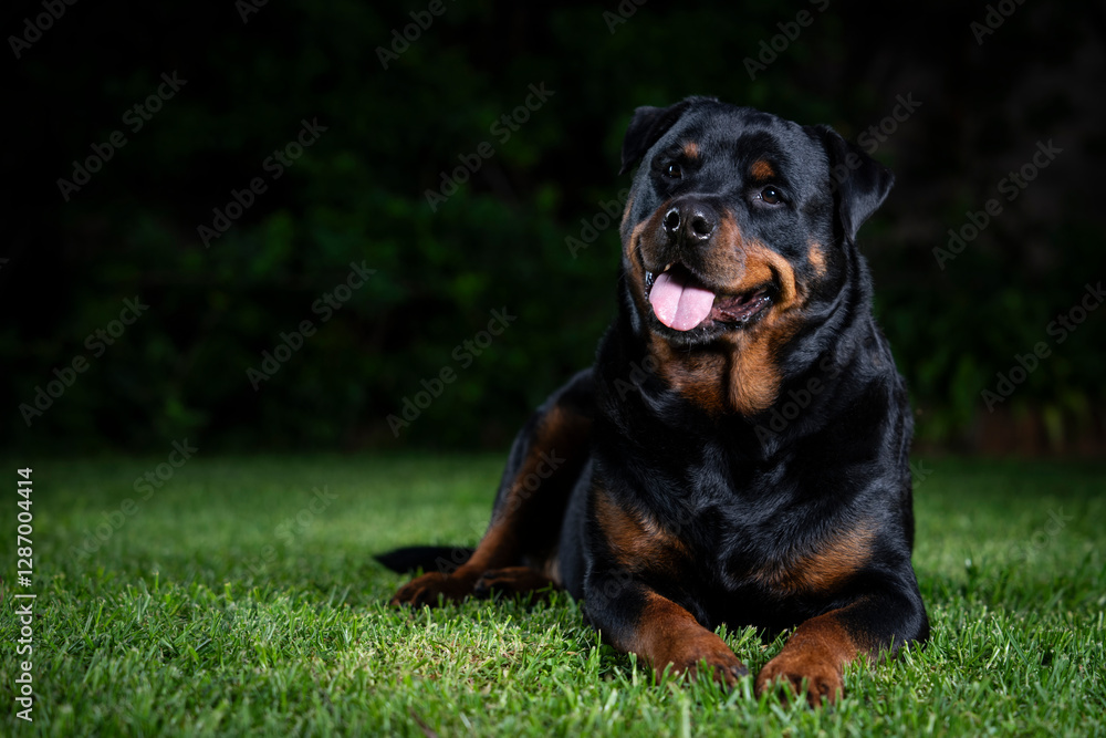 A stunning Rottweiler posing proudly on a lush green lawn, illuminated by professional studio lighting. The dog’s strong build, shiny coat, and attentive gaze make for a striking and powerful portrait A stunning Rottweiler posing proudly on a lush green lawn, illuminated by professional studio lighting. The dog’s strong build, shiny coat, and attentive gaze make for a striking and powerful portrait