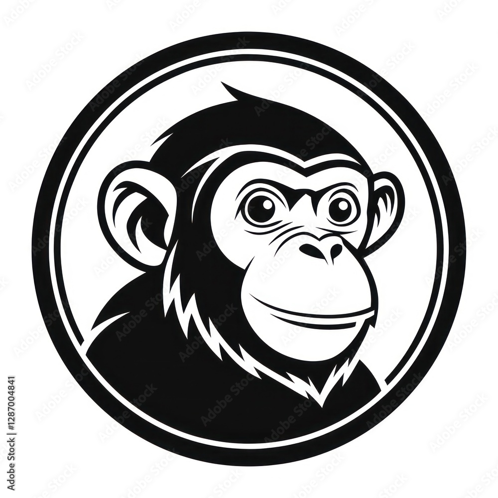 Obraz premium a monochrome illustration of a chimpanzee face within a circular frame, expressing a curious, intelligent look