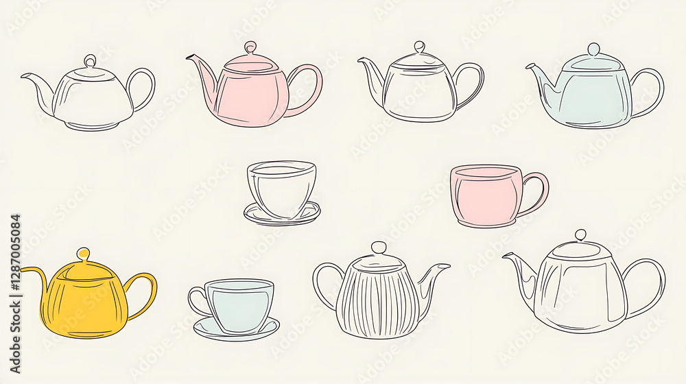 A set of teapots and cups are drawn in different colors and sizes. generated using AI A set of teapots and cups are drawn in different colors and sizes. generated using AI