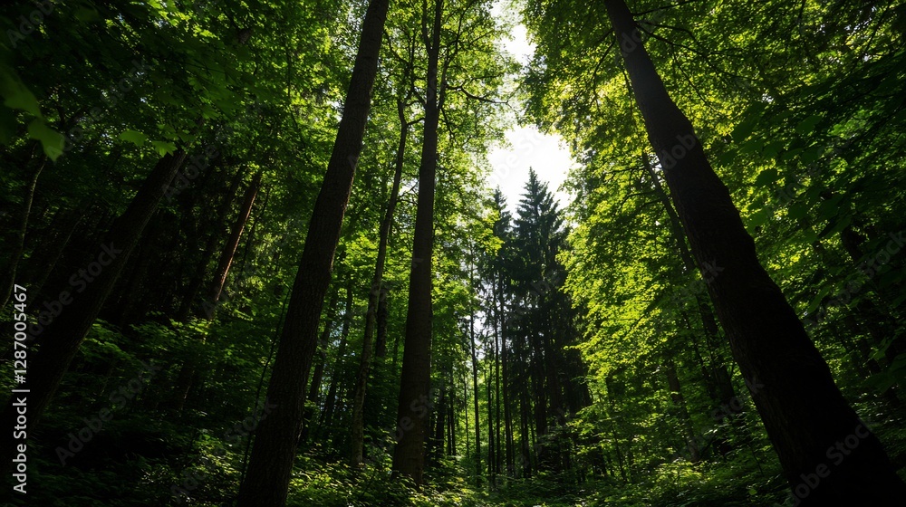 Fototapeta premium Tall Emerald Green Trees Reaching Towards The Sunlight Through The Canopy