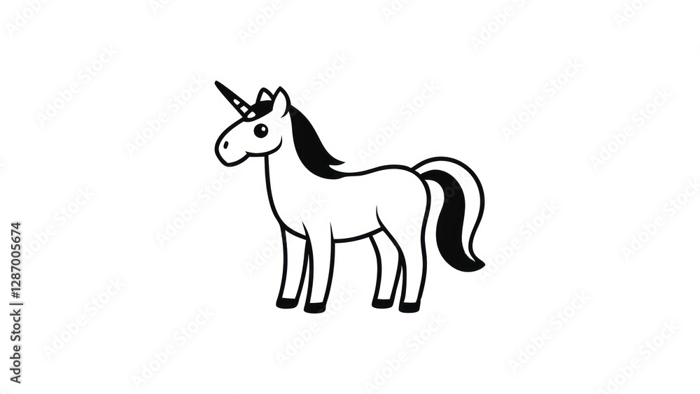 Fototapeta premium Whimsical Black and White Cartoon Unicorn Illustration of Majestic Mythical Creature on White Background