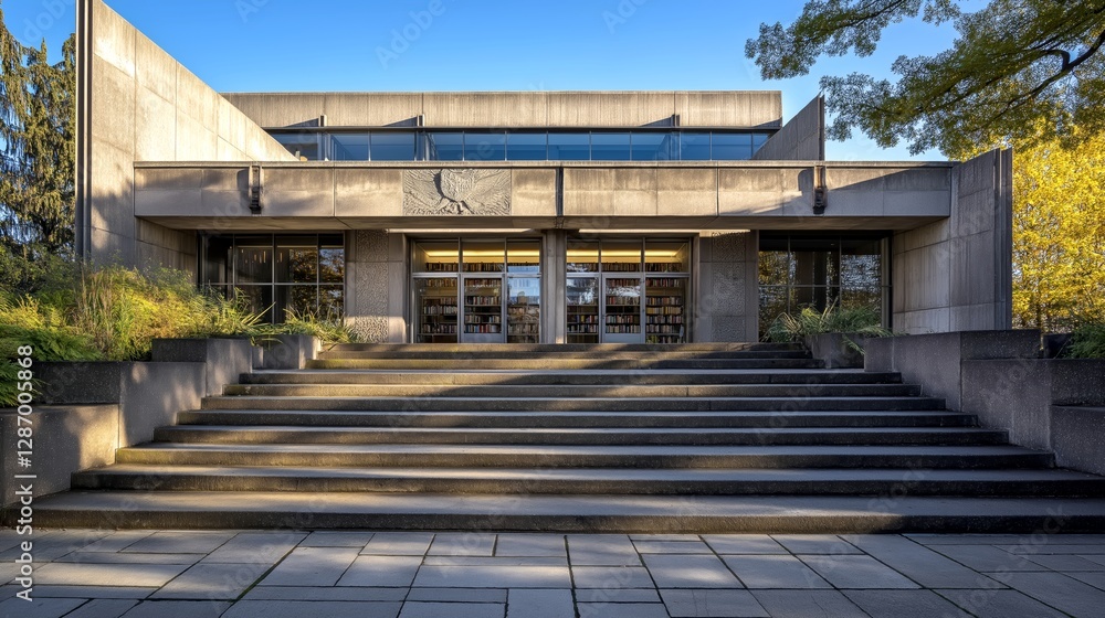 Modern Concrete Library Building with Glass Windows Brutalist Architecture, Educational Institution Campus Design Book Collection Entrance Modern Concrete Library Building with Glass Windows Brutalist Architecture, Educational Institution Campus Design Book Collection Entrance