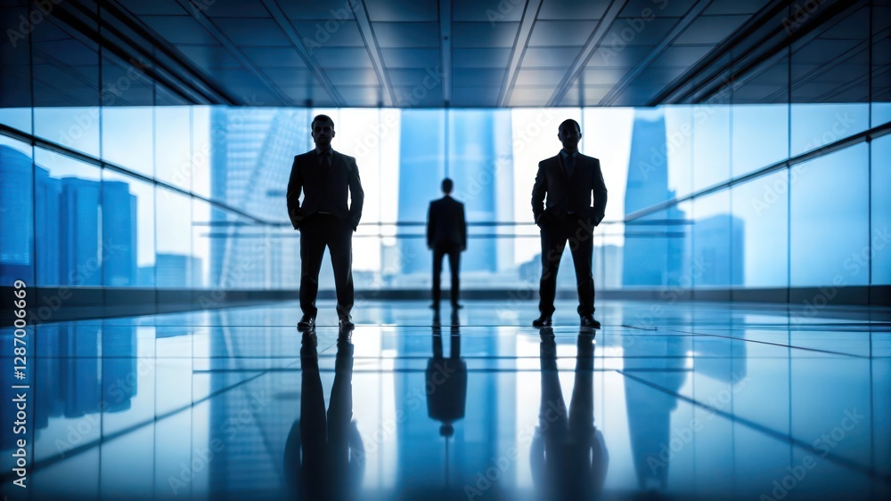 silhouette of three businessmen standing in a modern office looking at city view. The scene evokes a sense of power, ambition, and strategic thinking silhouette of three businessmen standing in a modern office looking at city view. The scene evokes a sense of power, ambition, and strategic thinking