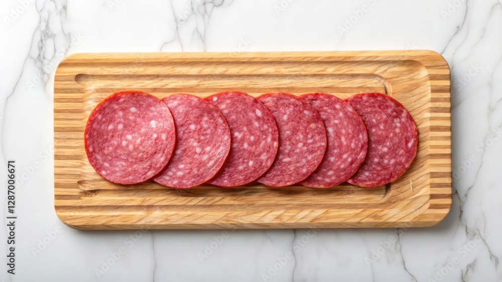 sliced salami arranged neatly on a wooden cutting board. The slices exhibit a rich red hue and a tantalizing texture sliced salami arranged neatly on a wooden cutting board. The slices exhibit a rich red hue and a tantalizing texture