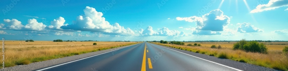 Fototapeta premium Empty lane cuts through vibrant blue sky, clouds drift overhead, lane, clear